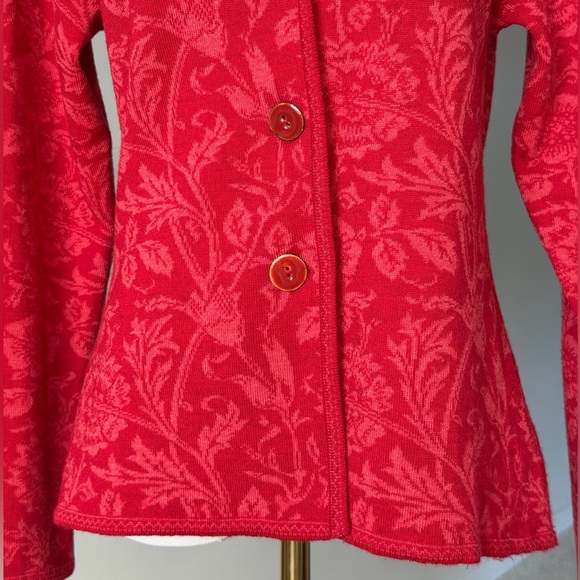 TINDE Extrafine Merino Wool Chic Red Floral Jacquard Pattern Cardigan Jacket -M - Picture 4 of 16